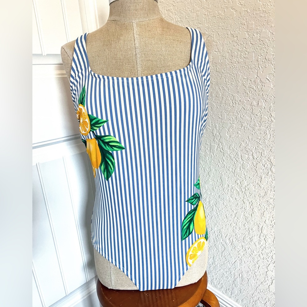 Kona Sol Blue and White Striped with Lemons Swimsuit Size XL